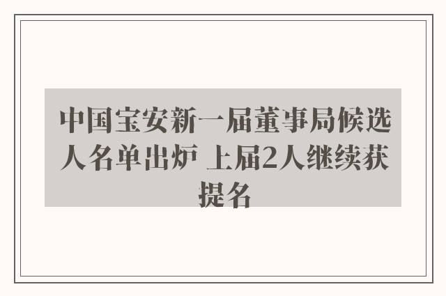 中国宝安新一届董事局候选人名单出炉 上届2人继续获提名